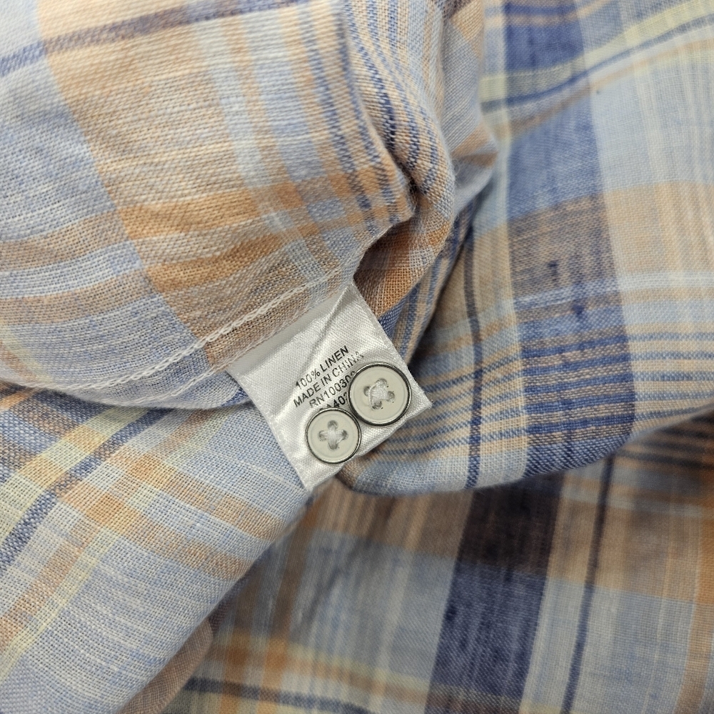 Peter Millar Linen Shirt Large Blue Orange Plaid Short Sleeve - Picture 6 of 6